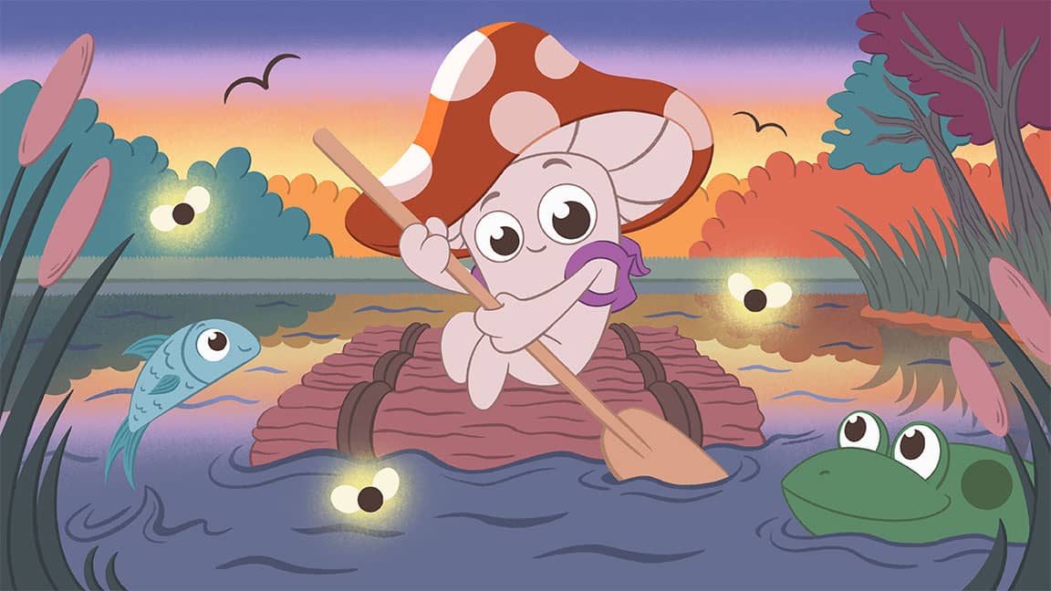 An illustration of an anthropomorphic mushroom rafting at twilight