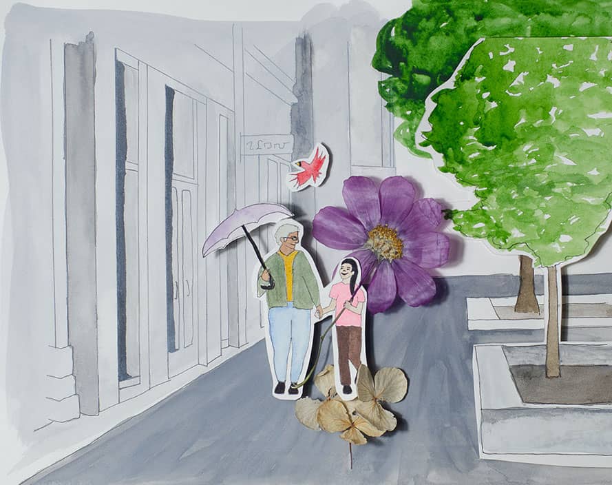 A paper collage illustration of an older and younger woman walking with flowers worked in