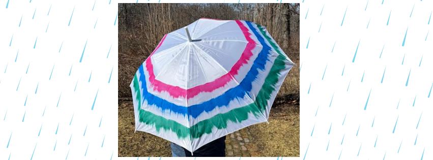 A custom umbrella with colorful stripes.