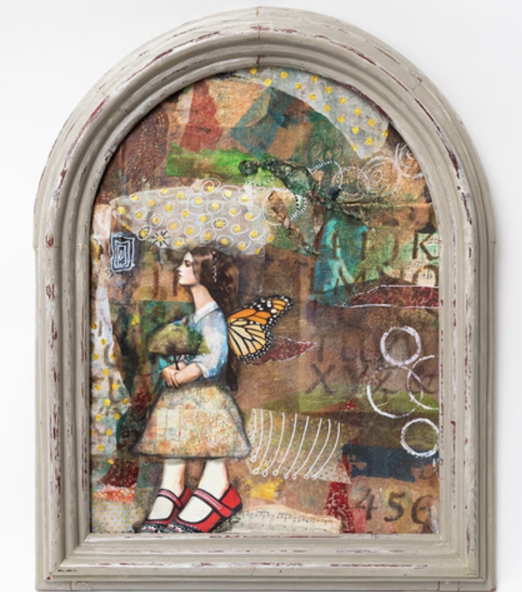 Mixed media paper collage inside vintage mirror frame.