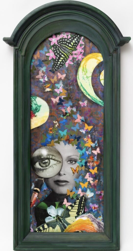 A vintage mirror frame, holding a collage featuring butterflies and a woman's face.