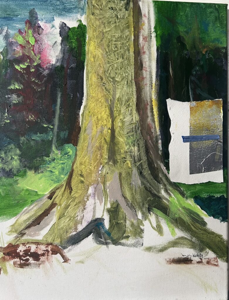 More Than a Tree, by Maryann Wattelle. An acrylic painting with a tree trunk at center. Yellows, greens, and browns are used, along with a red-pink in the upper left corner.