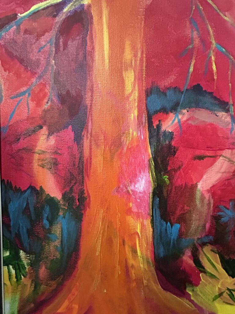 When Sister Forest Sings, by Maryann Wattelle. Acrylic painting, with figure of a tree rendered in bright pinks, oranges, yellows and blues.