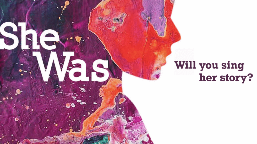 She Was Will you sing her story? Imge of woman's face in profile, in paint spatters