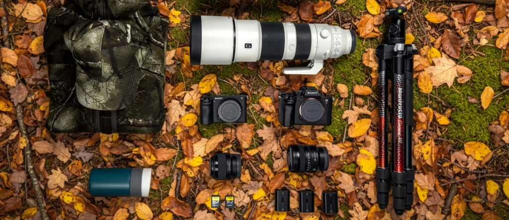 Camera, tripod, lenses on leafy ground