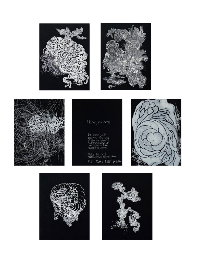 Doodle Therapy, by Amy Pilkington. White ink on black paper. 