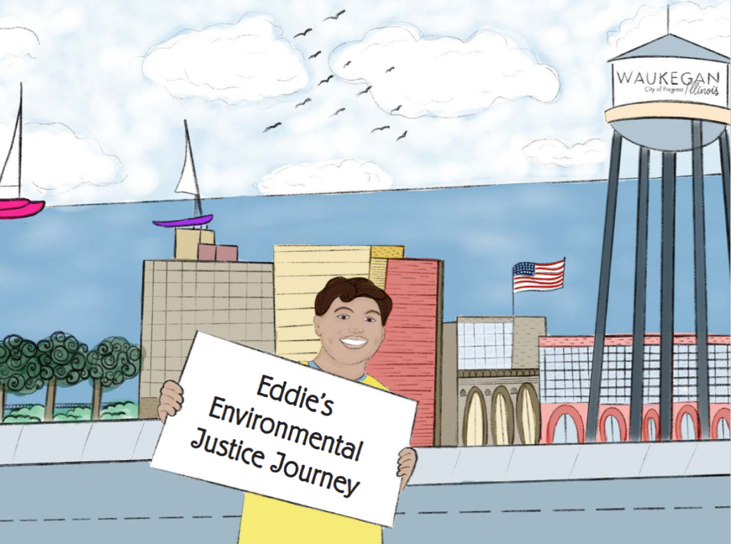 An illustration of Eddie on the shore of Waukegan. Eddie's Environmental Justice Journey
