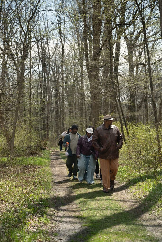The group hikes in the woods together. 